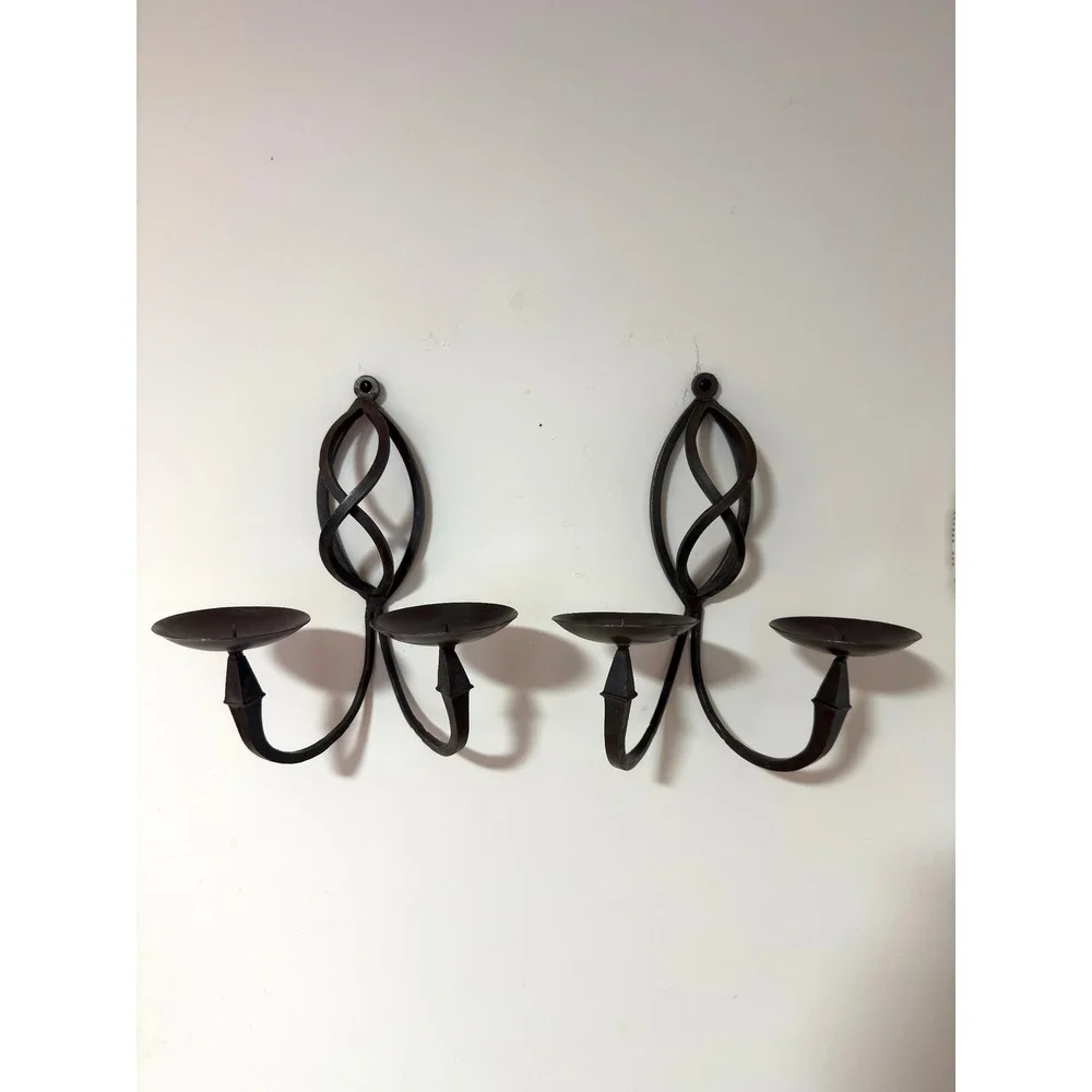 Vintage Pair Wrought Iron Double Arm Wall Sconces Candle Holders Gothic